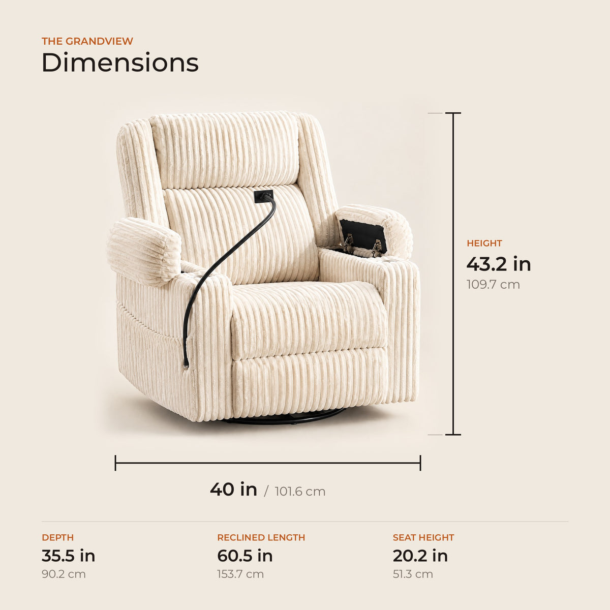 The Grandview dimensions in inches and centimeters