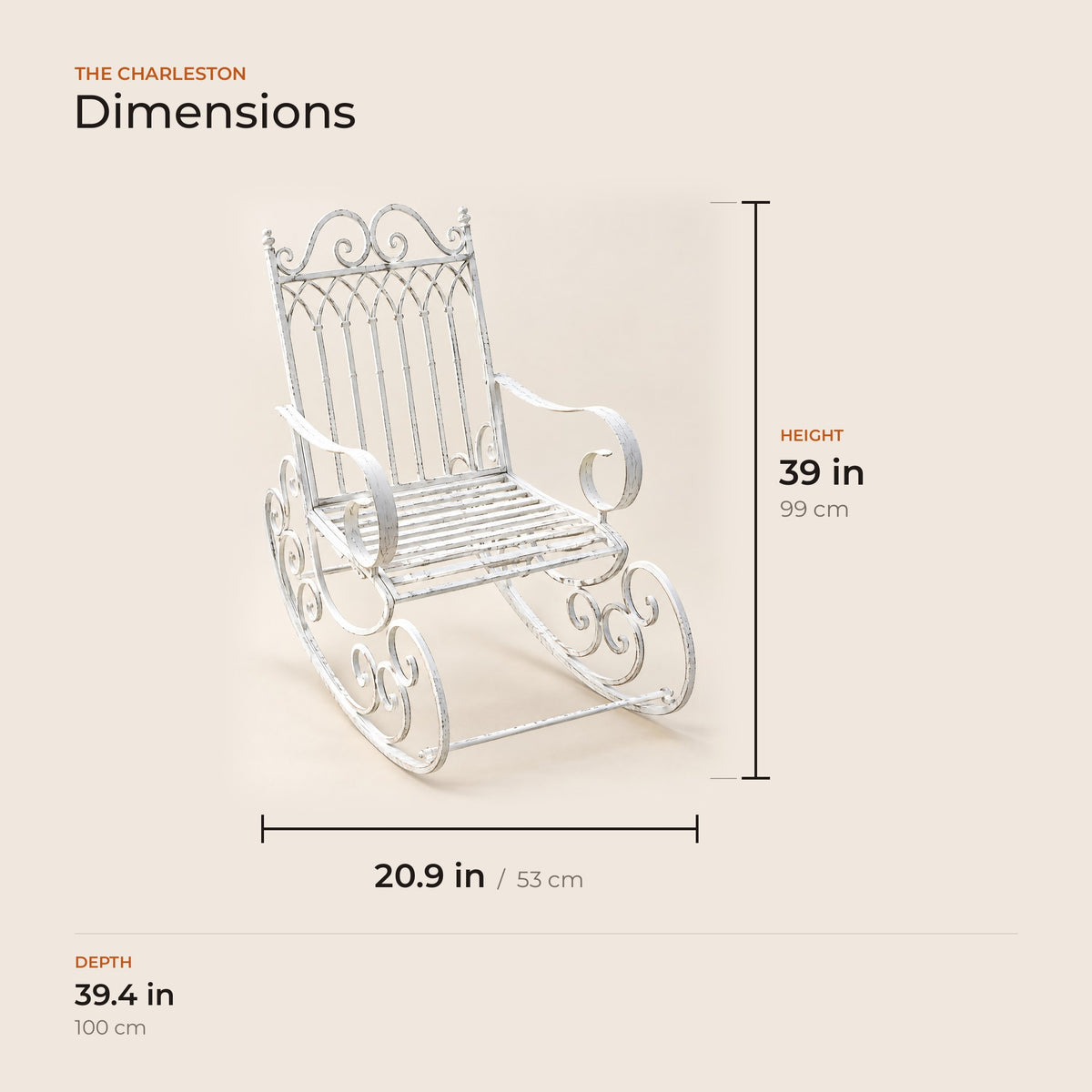 The Charleston dimensions in inches and centimeters