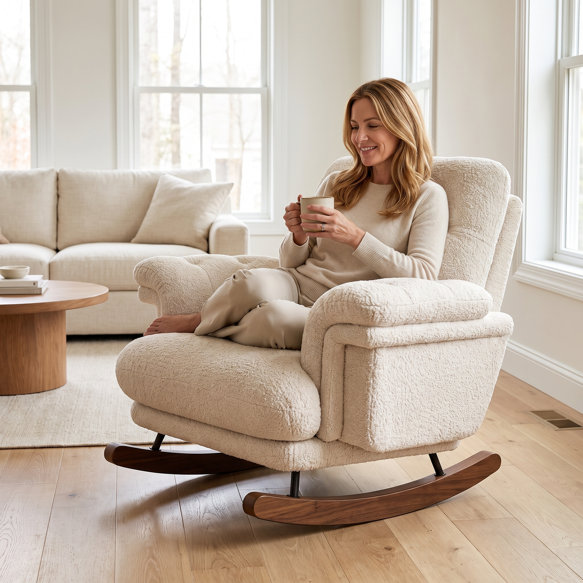 Woman relaxing, in The Billow XXL Chenille Cocoon Recliner Rocker in a sunny living room