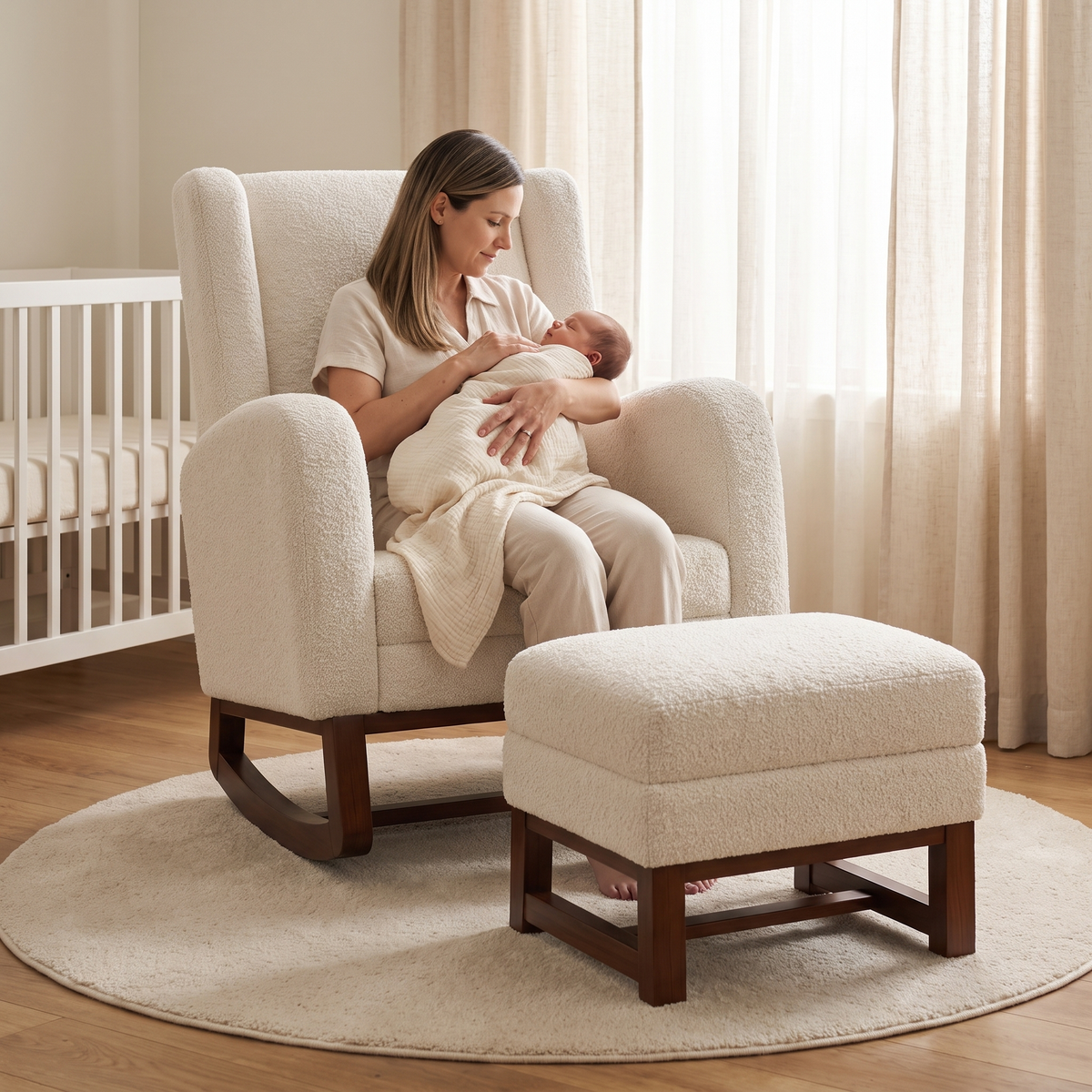 Mother holding her baby, in The Frost Teddy Rocker + Footrest in a bright nursery