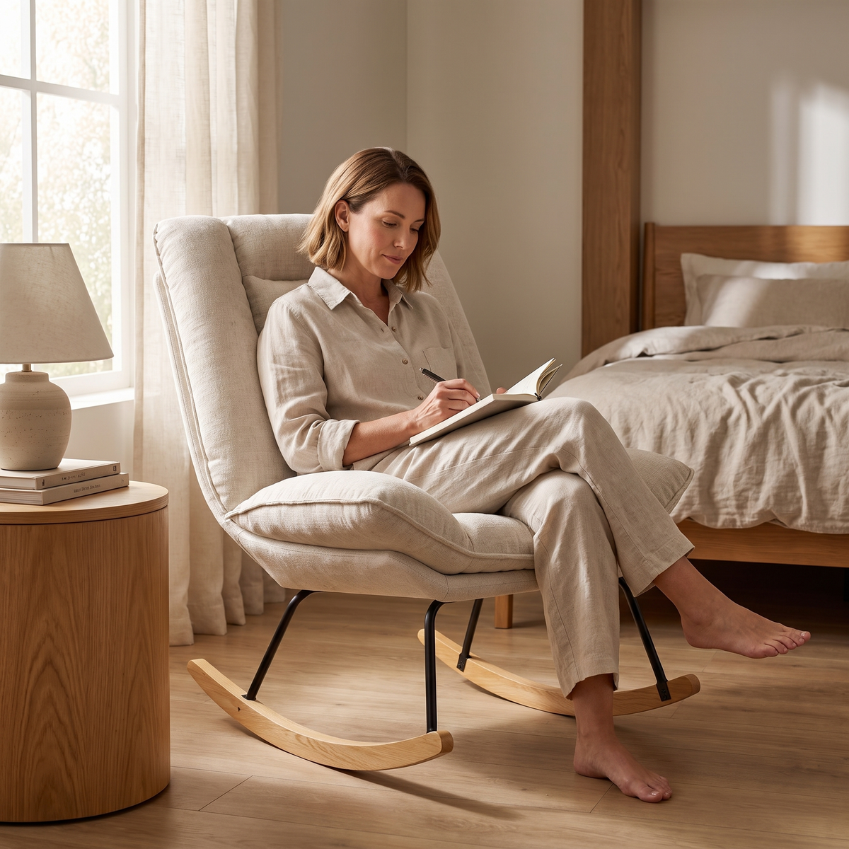 Woman relaxing, in The Linnea 2-in-1 Linen Reclining Rocker in a calm bedroom corner