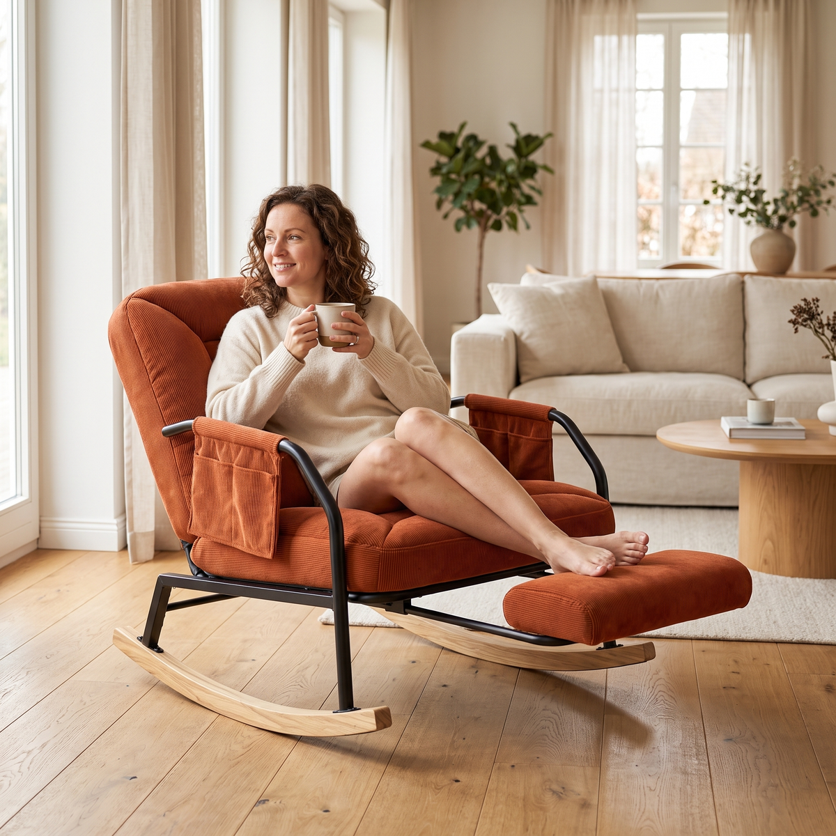 Woman relaxing, in The Hudson Corduroy Reclining Rocker + Footrest in a sunny living room