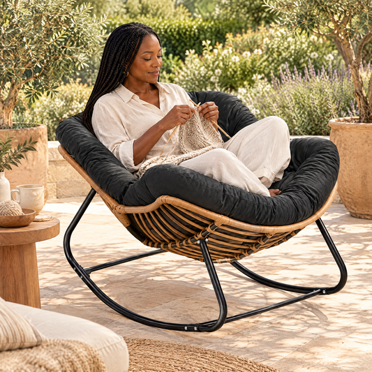 A Black woman with long box braids in her mid 40s, knitting, in The Cabana indoor-outdoor rattan rocker in a sunny stone patio