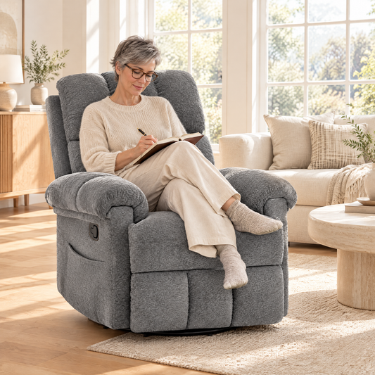 A woman with short gray hair and glasses in her early 50s, writing in a journal, in The Carson swivel rocker recliner with side pockets in a sunny living room