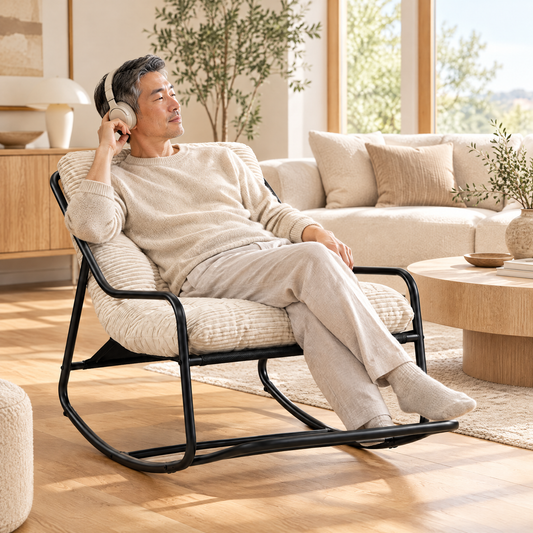 An East Asian man with short graying hair in his mid 40s, listening to music with headphones, in The Dune low lounge rocker, tufted corduroy in a sunny living room