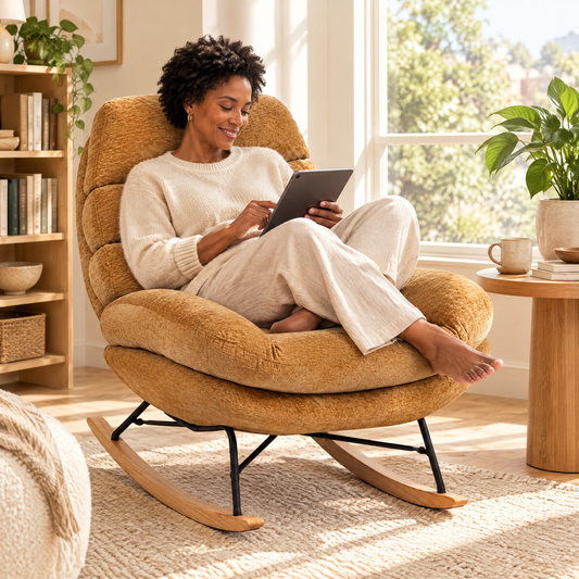 A Black woman with short natural curls in her early 40s, scrolling a tablet with a smile, in The Honey wide-seat chenille cocoon rocker in a sunlit reading corner