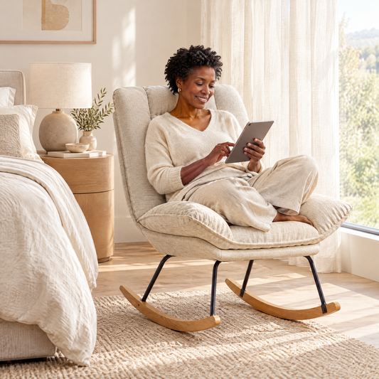 A Black woman with short natural curls in her early 50s, scrolling a tablet with a smile, in The Linnea 2-in-1 linen reclining rocker in a calm bedroom corner