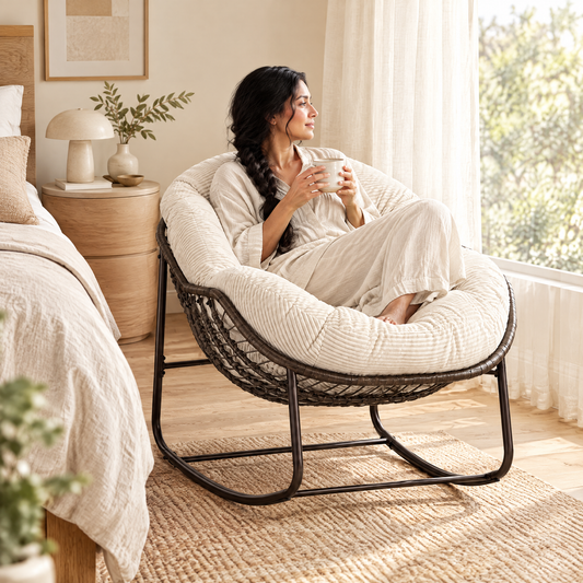 A South Asian woman with long dark hair in a loose braid in her early 40s, holding a mug of tea and looking out the window, in The Moonbeam papasan rocker, rattan + corduroy in a calm bedroom corner