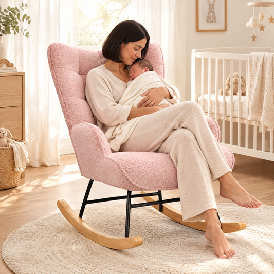 A mother in her early 30s with a sleek black bob gently holding her sleeping newborn swaddled in a cream blanket, in The Petal compact teddy rocker in a bright nursery