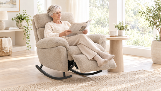 Woman in her sixties with silver hair reading the paper in a reclining rocker by a sunny window