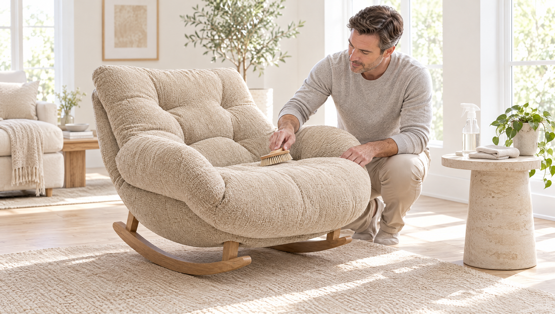 Man brushing the seat of a chenille cocoon rocker with a soft clothes brush