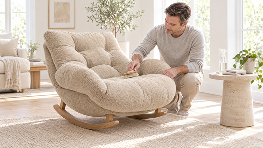 Man brushing the seat of a chenille cocoon rocker with a soft clothes brush