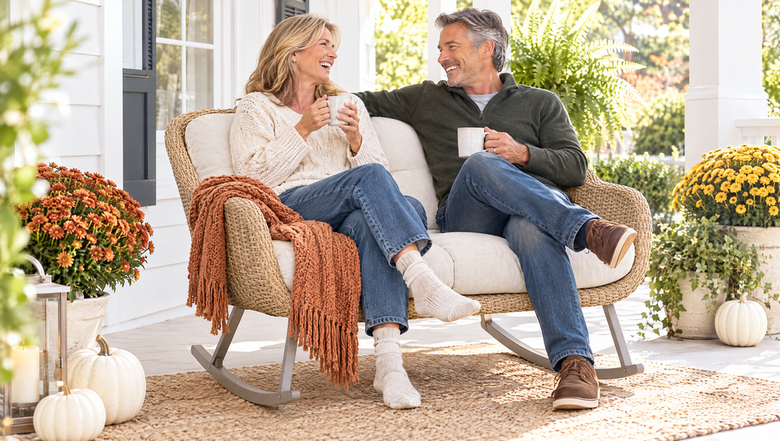 Couple laughing on a rattan rocking loveseat on a front porch decorated with mums and pumpkins