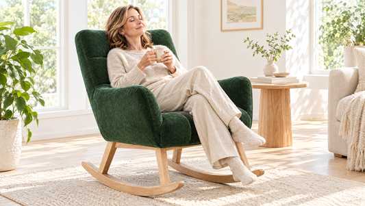 Woman rocking with her eyes closed and a mug of tea in a green rocking chair in the sun