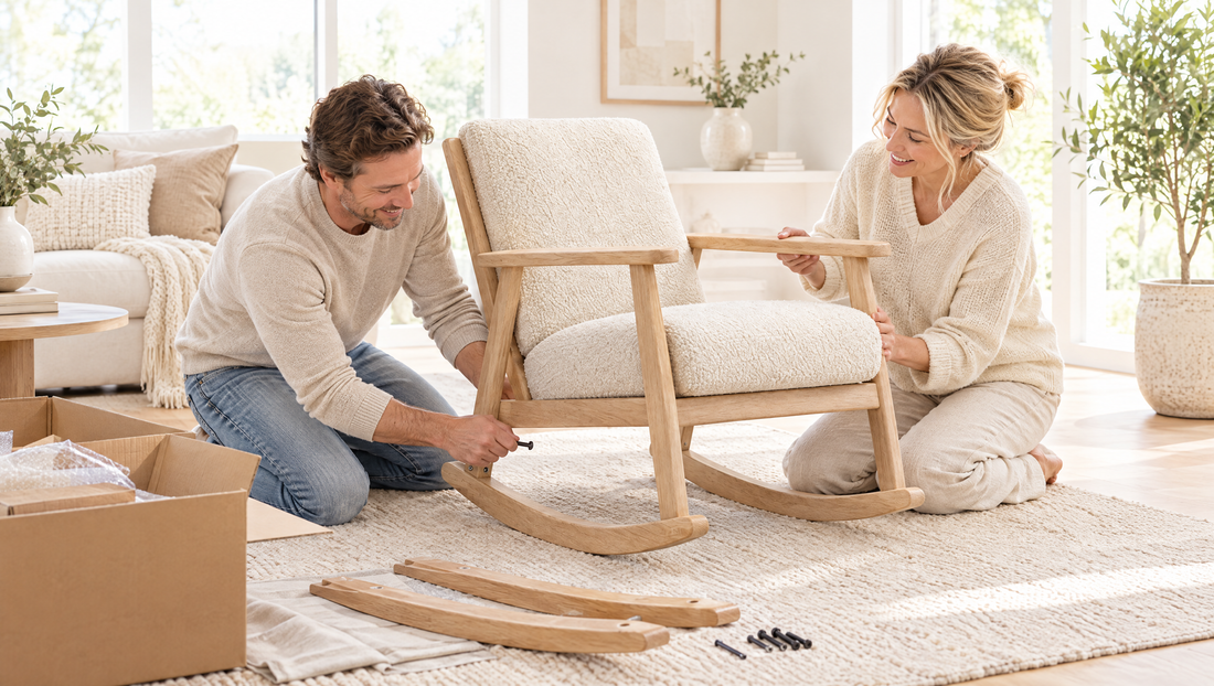 Couple assembling a rocking chair on a rug in a bright living room with the box nearby