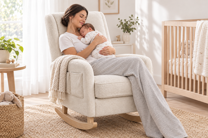 Mother holding her sleeping newborn in a soft high-back nursery rocking chair