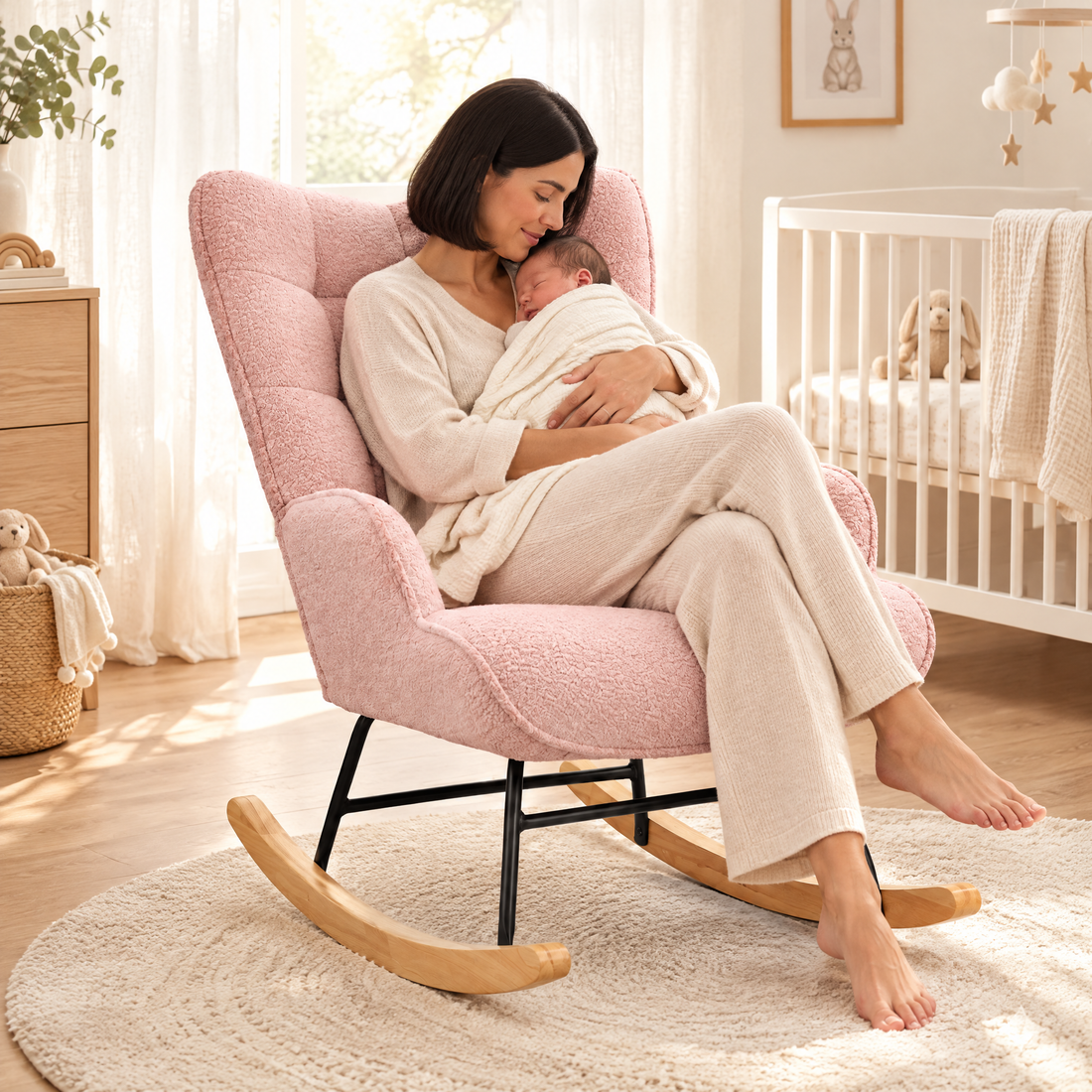 The Petal compact teddy rocking chair with a high back, sized for small rooms