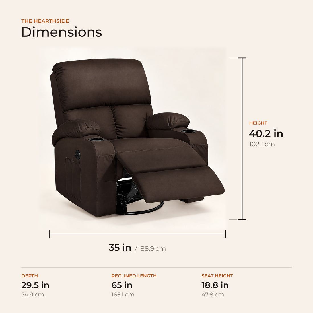 The Hearthside dimensions in inches and centimeters