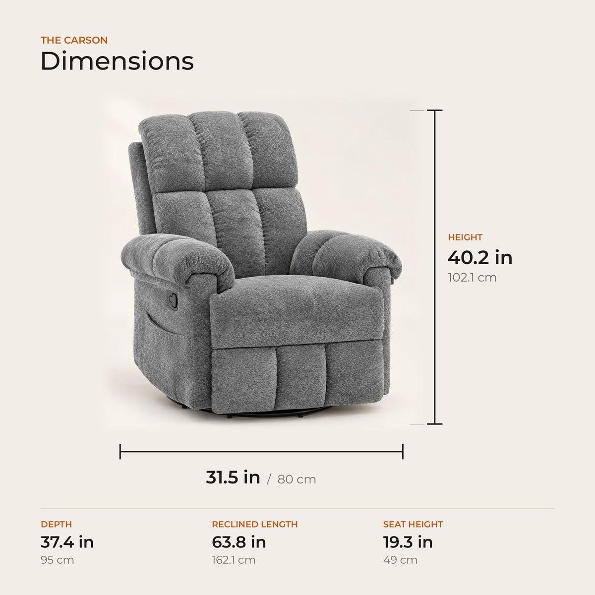 The Carson dimensions in inches and centimeters