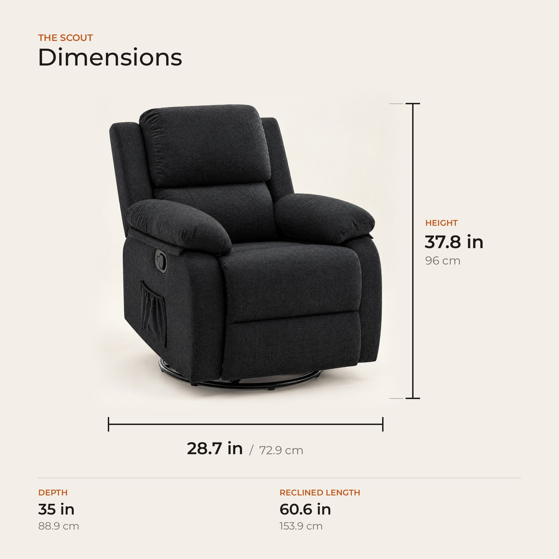 The Scout dimensions in inches and centimeters
