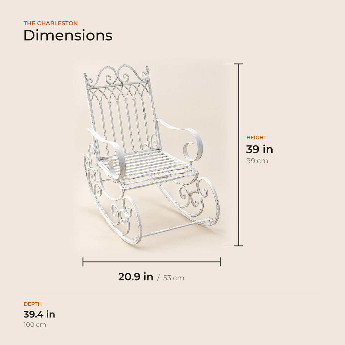 The Charleston dimensions in inches and centimeters