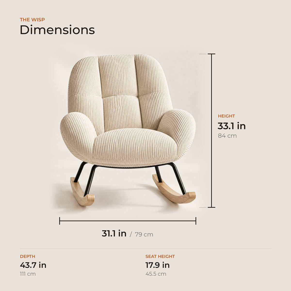 The Wisp dimensions in inches and centimeters