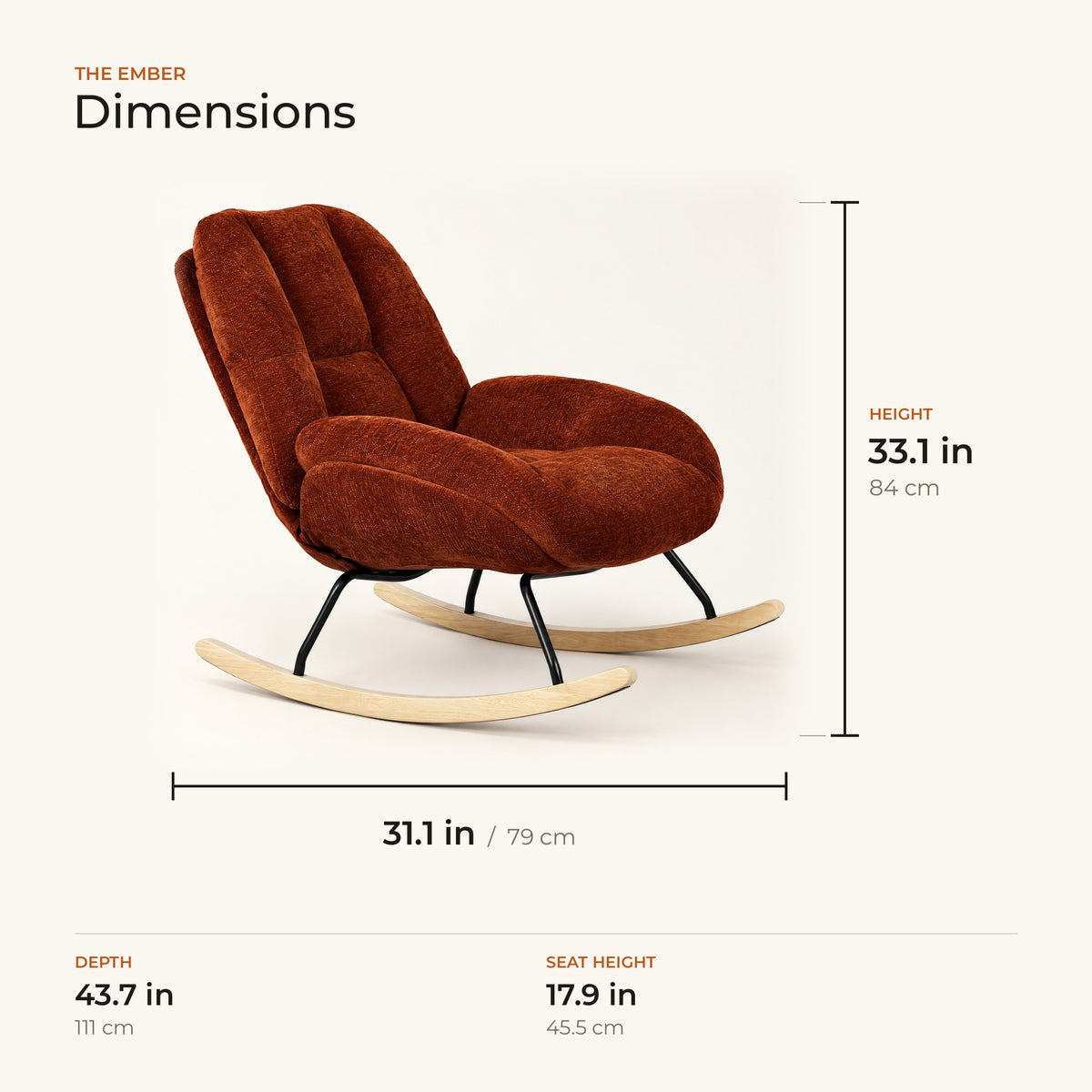 The Ember dimensions in inches and centimeters