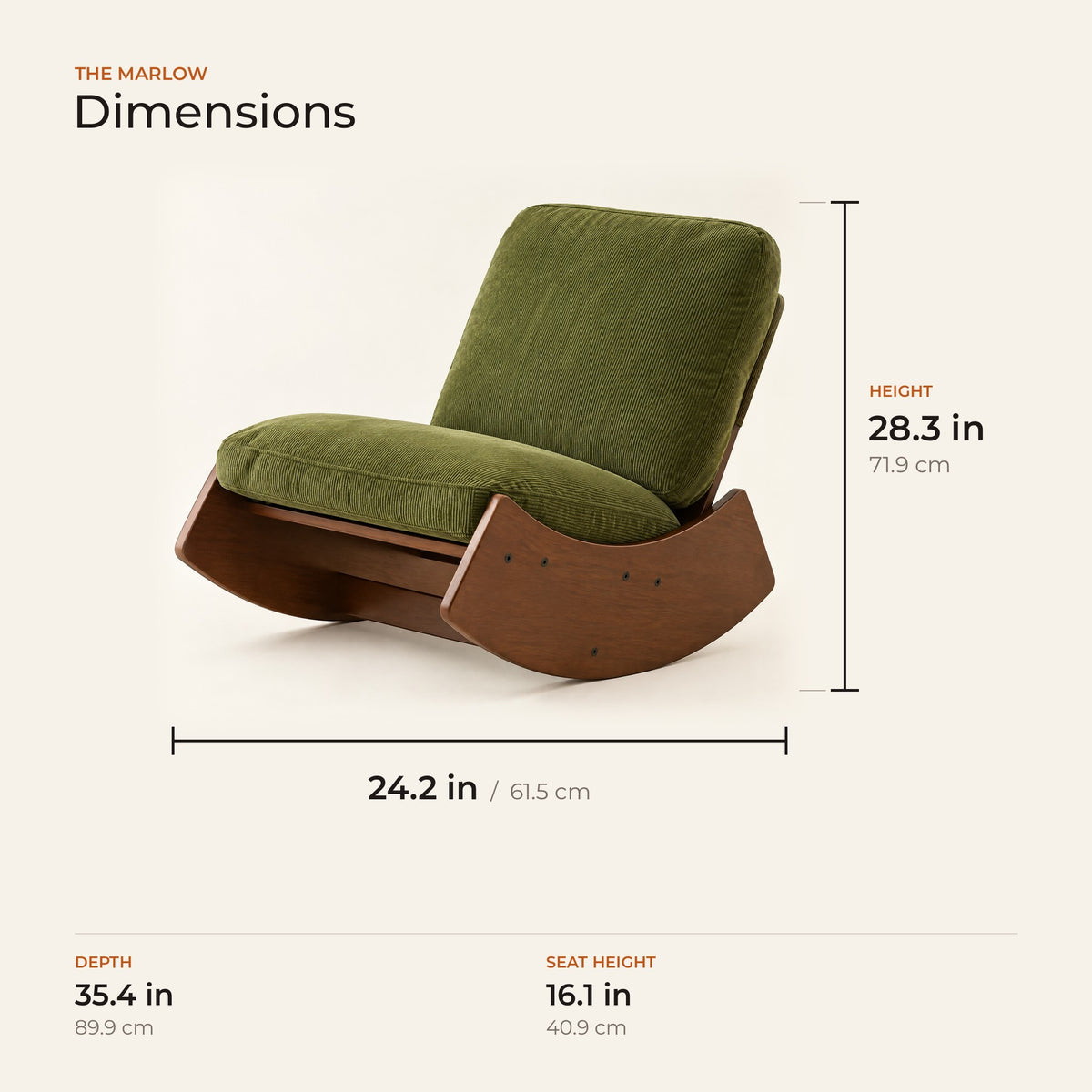 The Marlow dimensions in inches and centimeters