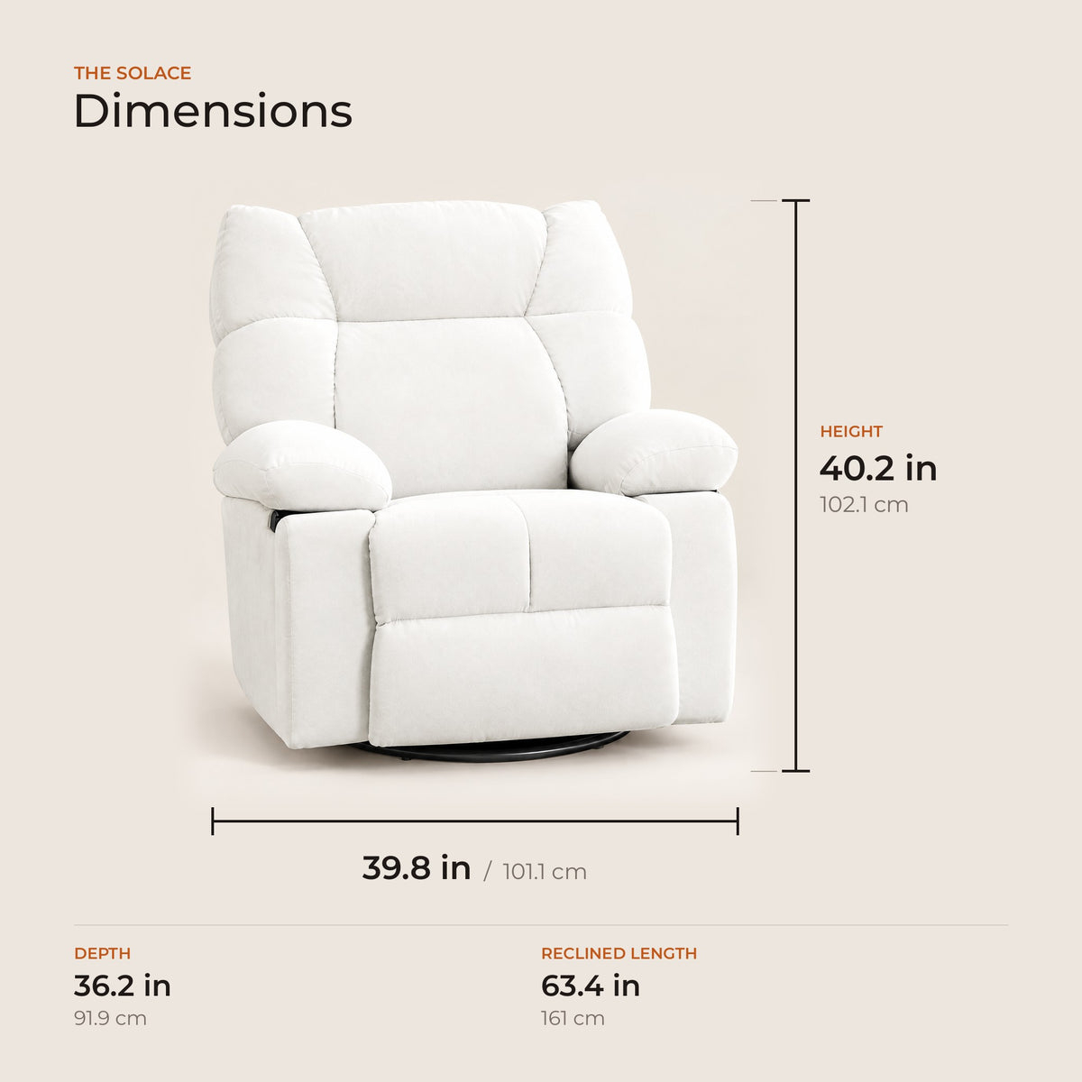The Solace dimensions in inches and centimeters