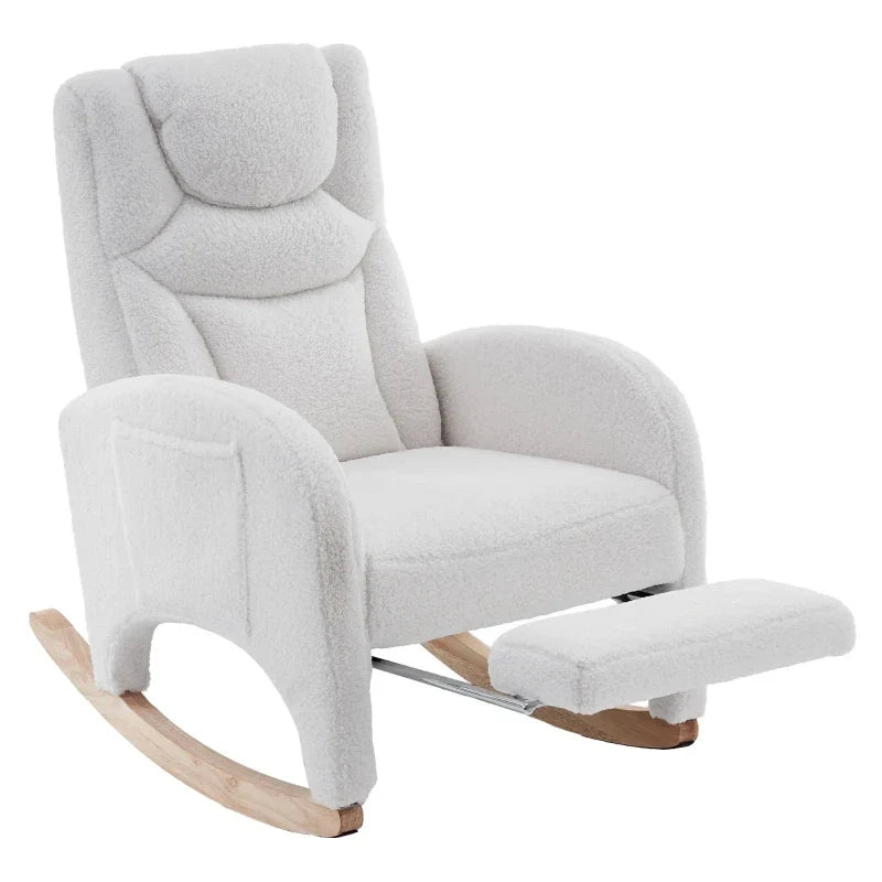 BLANKA – White Teddy Nursing Rocking Chair Headrest & Folding Footrest