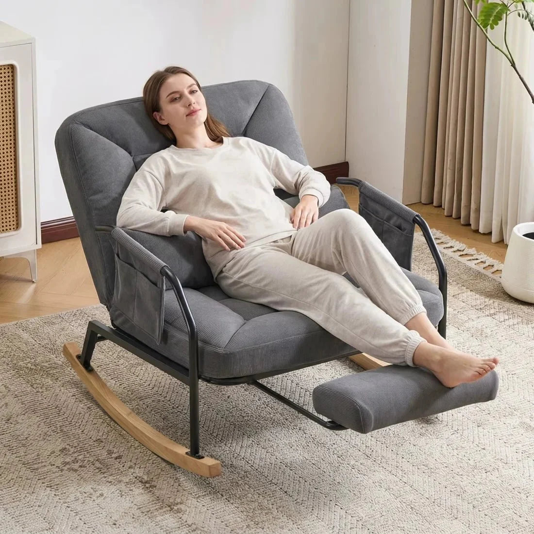 MODULA – Reclining Rocking Chair 4 Positions Corduroy Velvet & Footrest