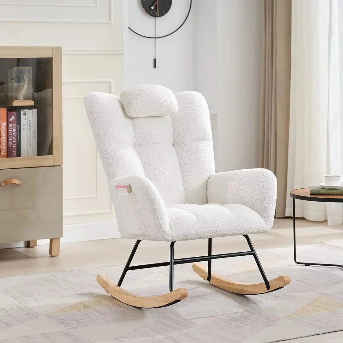 ALVKA – Teddy Bouclé Wingback Rocking Chair Removable Headrest Nursing