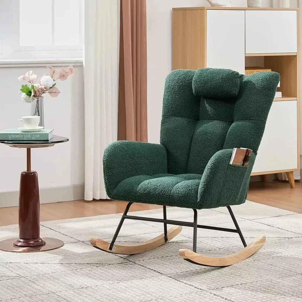 ALVKA – Teddy Bouclé Wingback Rocking Chair Removable Headrest Nursing