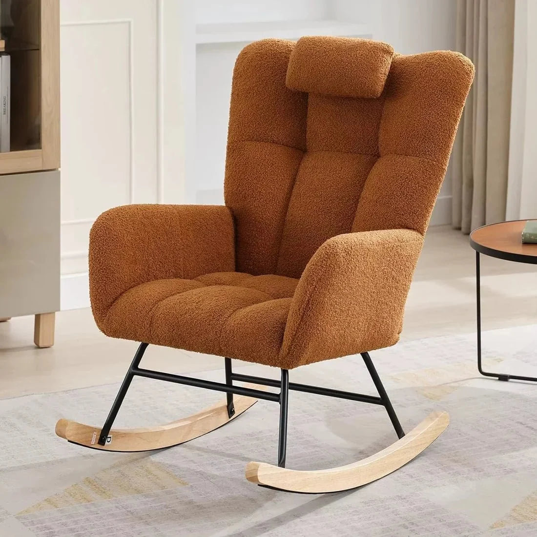 ALVKA – Teddy Bouclé Wingback Rocking Chair Removable Headrest Nursing