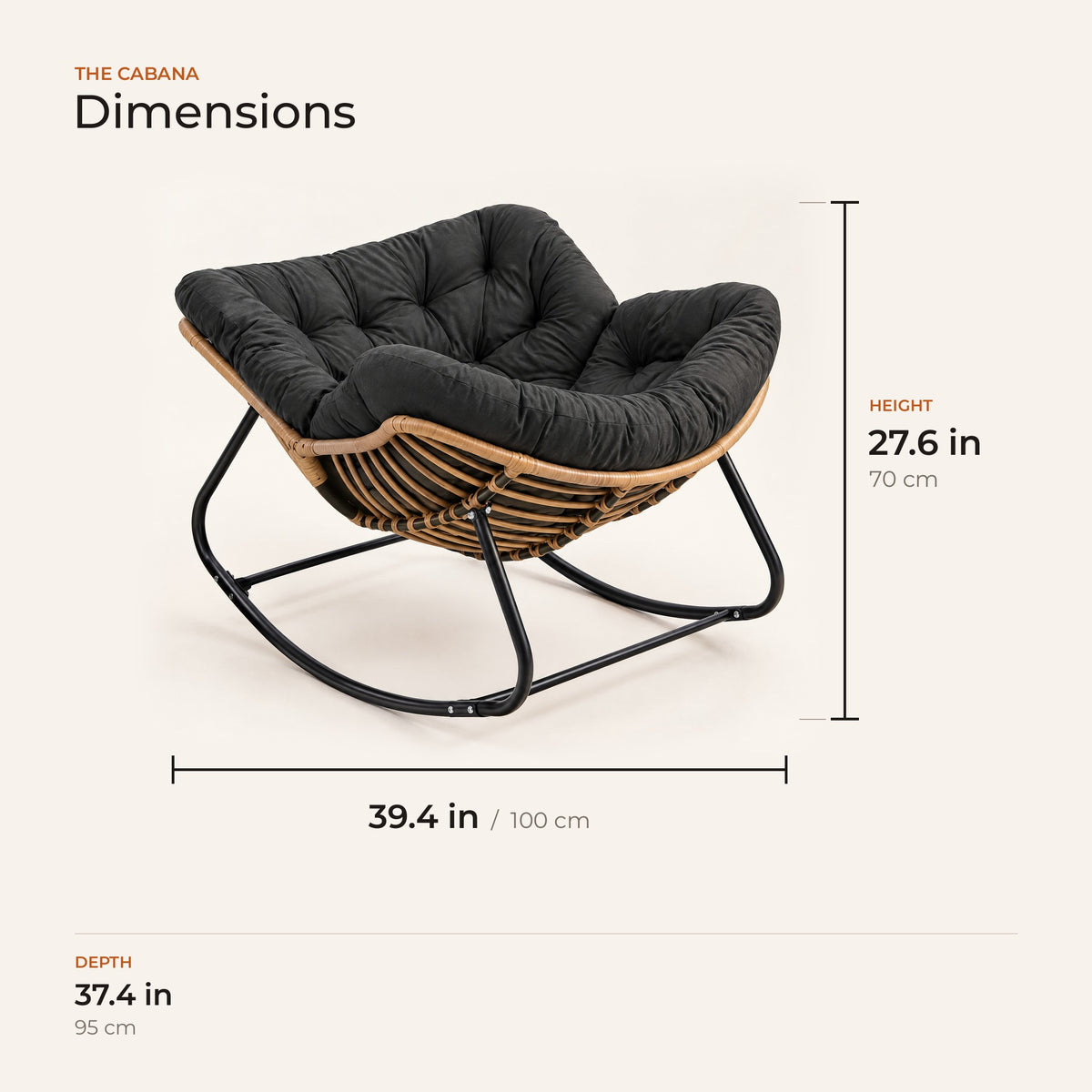 The Cabana dimensions in inches and centimeters
