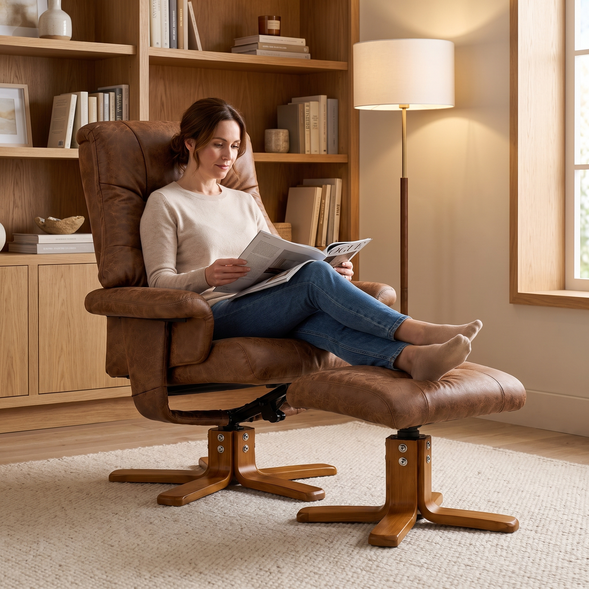 Woman relaxing, in The Tucker Microfiber Swivel Recliner + Ottoman in a cozy den
