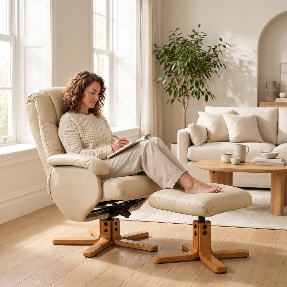 Woman relaxing, in The Brighton Faux Leather Swivel Recliner + Ottoman in a sunny living room