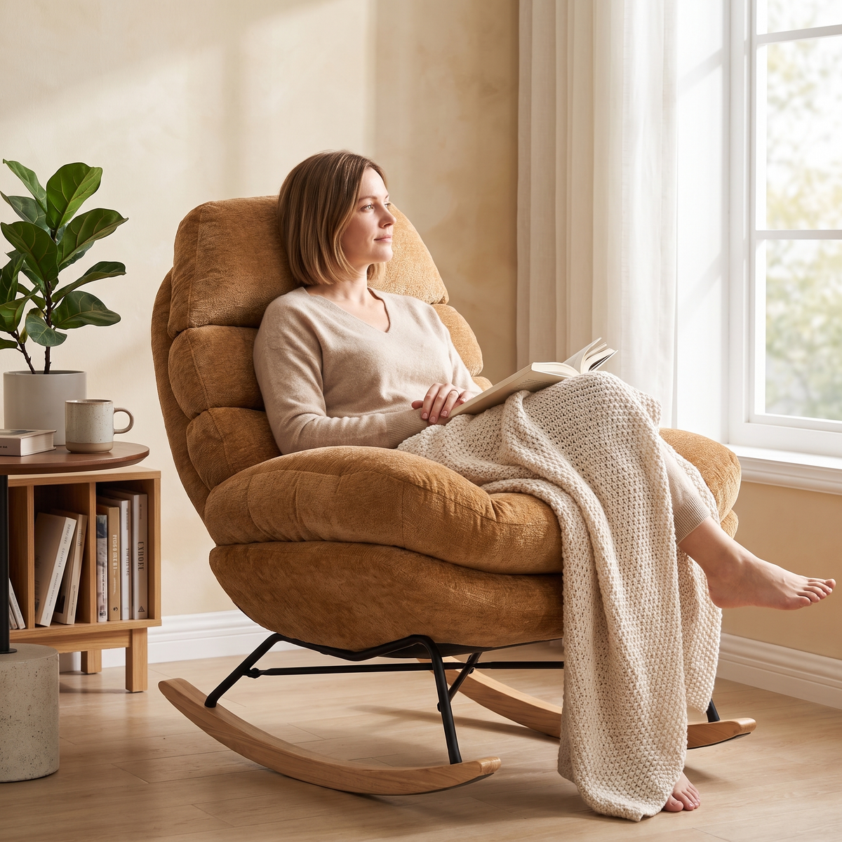 Woman relaxing, in The Honey Wide-Seat Chenille Cocoon Rocker in a sunlit reading corner