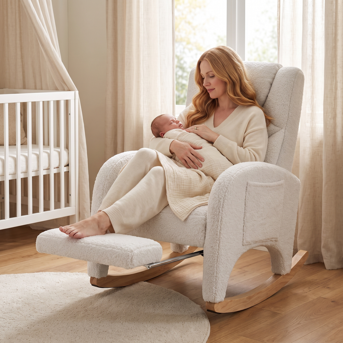 Mother holding her baby, in The Snowberry Teddy Nursing Rocker, Fold-Out Footrest in a bright nursery