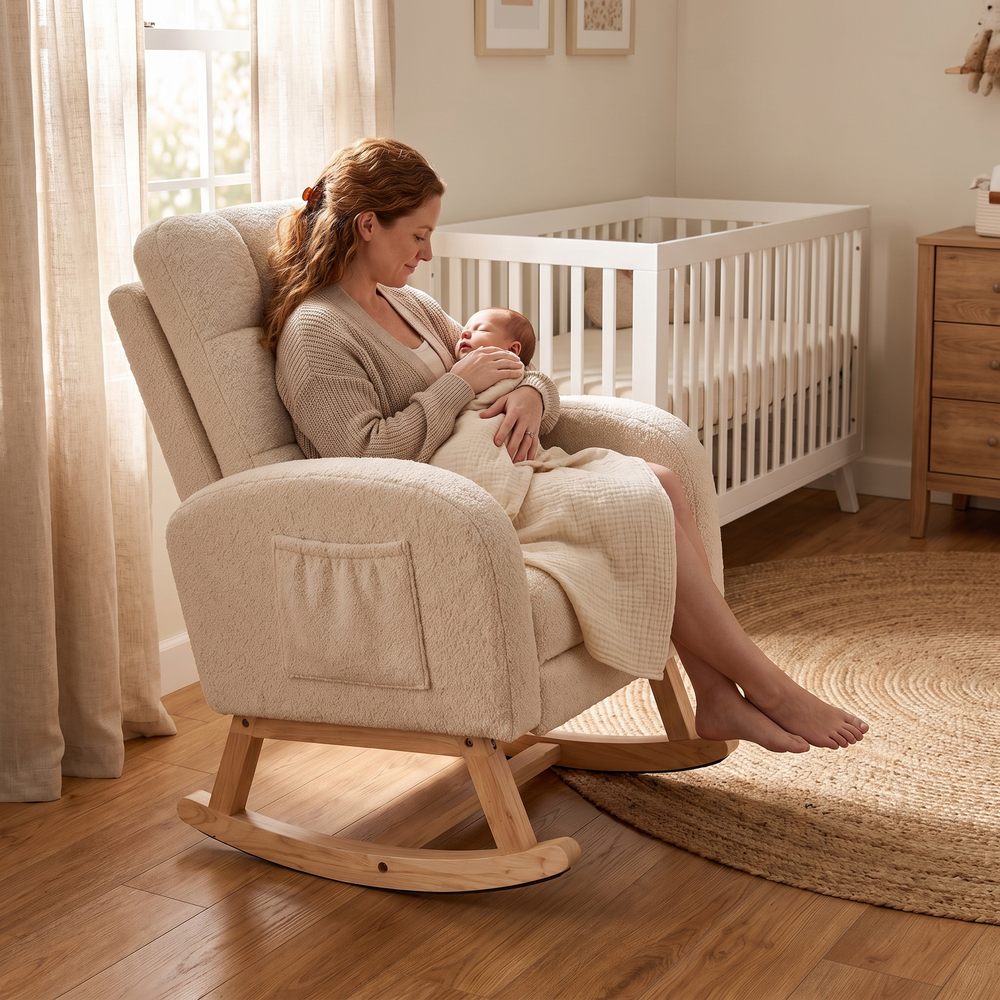 Mother holding her baby, in The Posy Tufted Teddy Nursing Rocker, Hidden Footrest in a bright nursery
