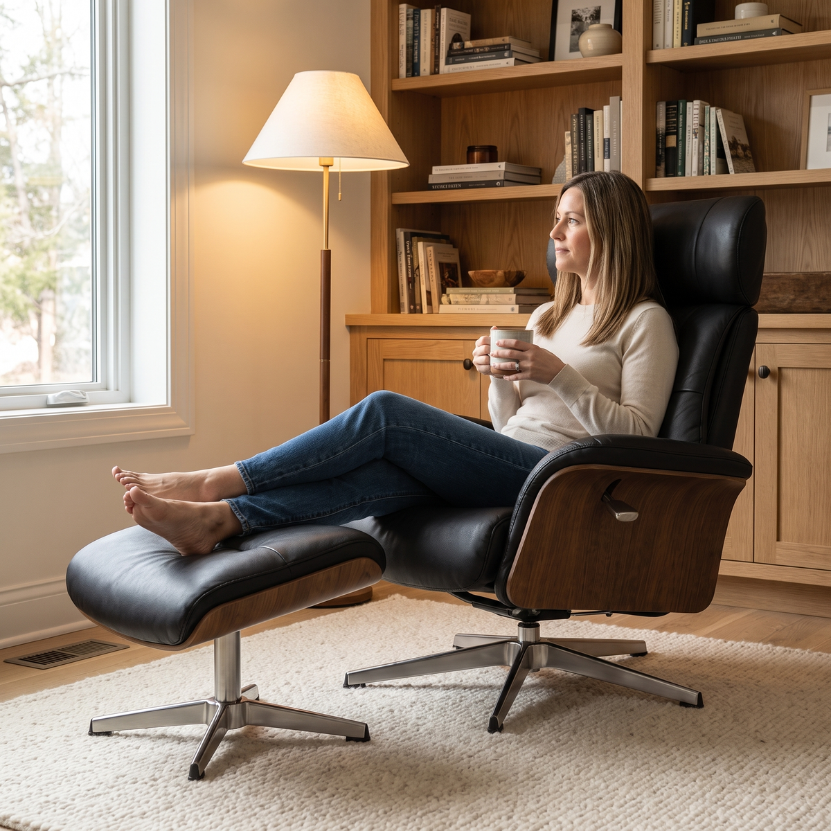 Woman relaxing, in The Sterling Faux Leather Swivel Recliner + Ottoman in a cozy den