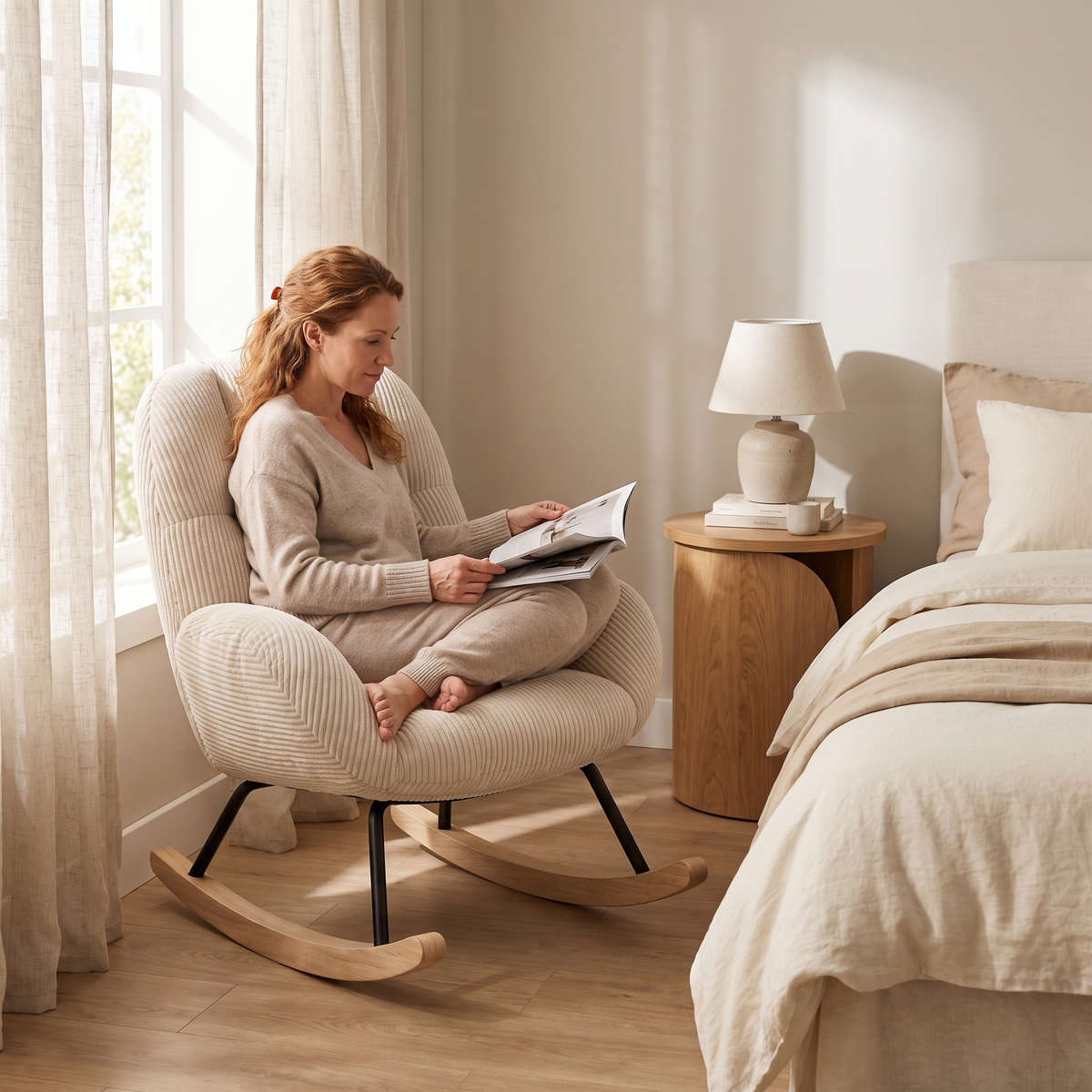Woman relaxing, in The Wisp Corduroy Cocoon Rocker in a calm bedroom corner