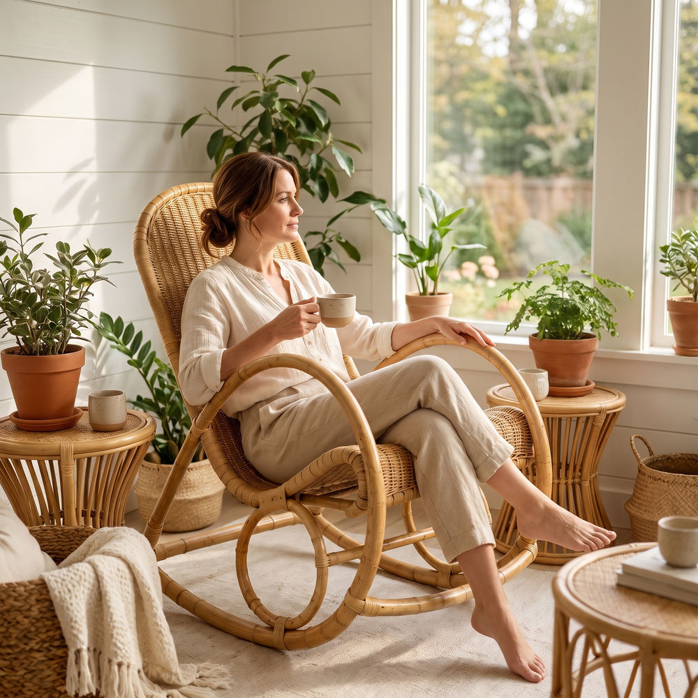 Woman relaxing, in The Weaver Hand-Woven Rattan Rocker in a plant-filled sunroom