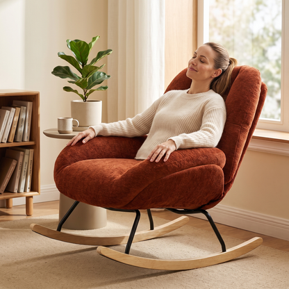 Woman relaxing, in The Ember Chenille Lounge Rocker in a sunlit reading corner