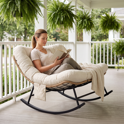 Woman relaxing, in The Tandem 2-Seat Rocking Loveseat in a classic front porch