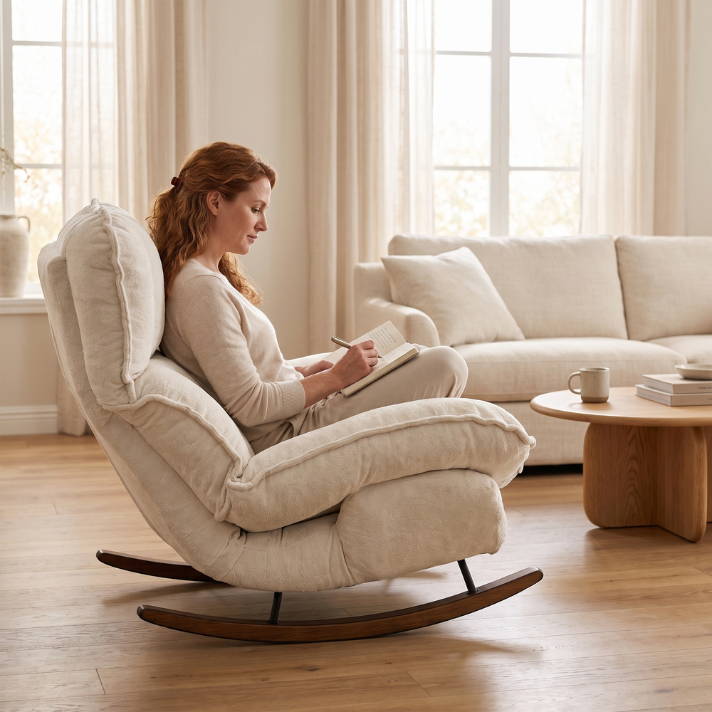 Woman relaxing, in The Sunday 5-Position Reclining Rocker in a sunny living room