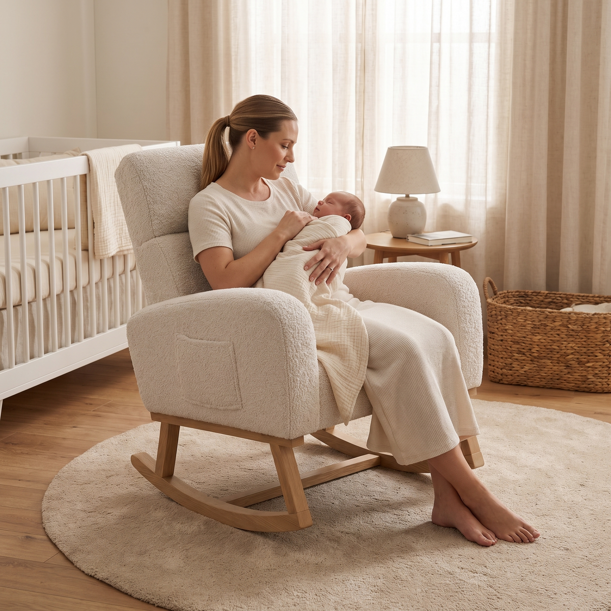 Mother holding her baby, in The Fleece High-Back Teddy Rocker in a bright nursery