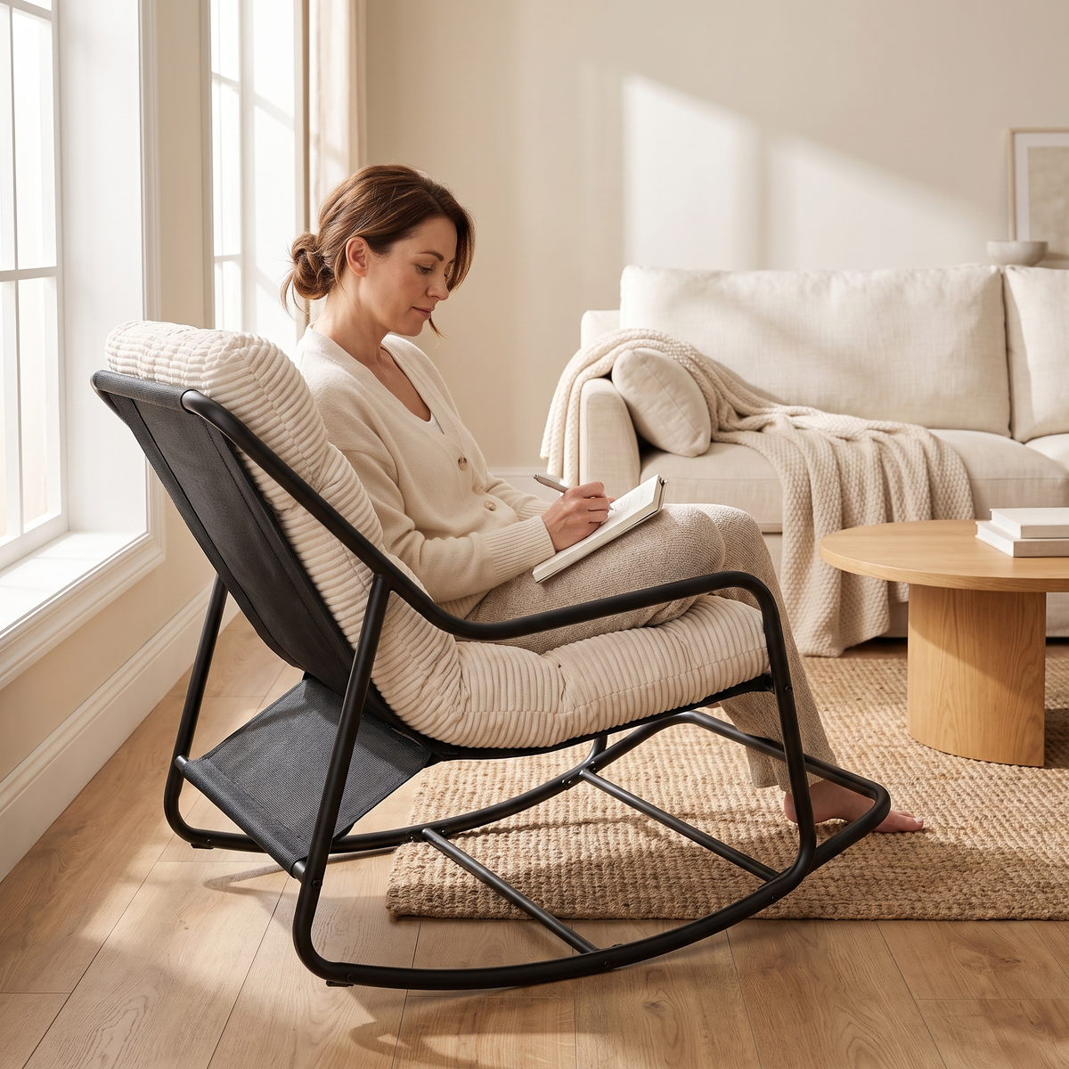 Woman relaxing, in The Dune Low Lounge Rocker, Tufted Corduroy in a sunny living room