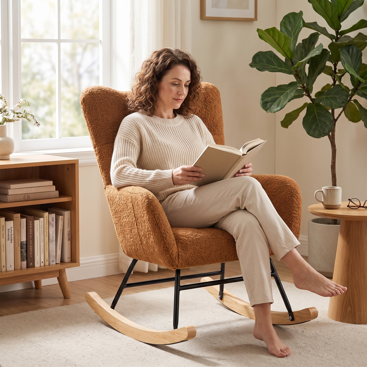 Woman relaxing, in The Cubby Teddy Wingback Rocker in a sunlit reading corner