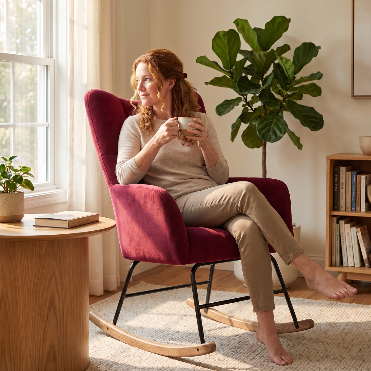 Woman relaxing, in The Poppy Tufted Velvet Wingback Rocker in a sunlit reading corner